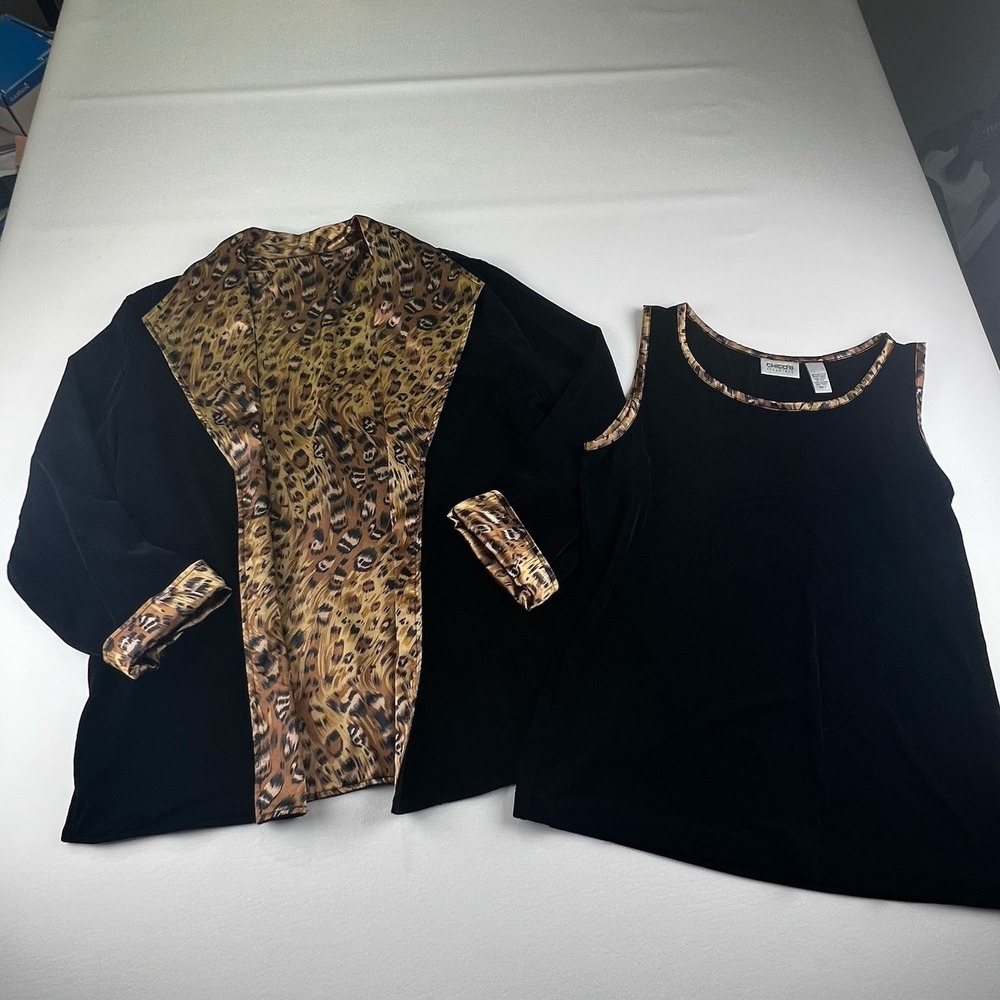 Chicos 2 Women L Travelers Jacket/Top Black Leopard Reversible Open Front Cruise